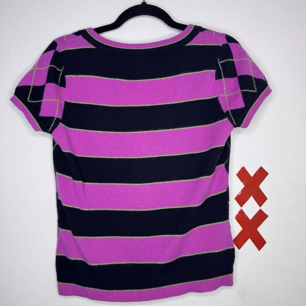 Vtg Y2K Hot Pink Black Argyle Sweater Preppy Shirt Whimsygoth Grunge Fairy 90s M